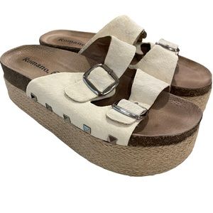 Platform sandals cow hide jute summer spring y2k trendy open toe chunky cream